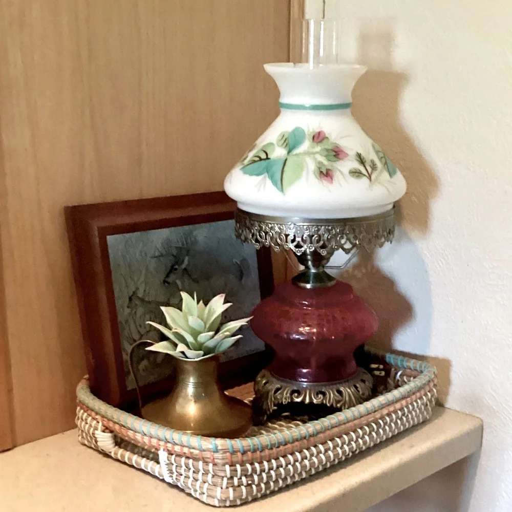 Hurricane Lamp Shade REPLACEMENT Vintage Milk Glass Pink Yellow Green Florals